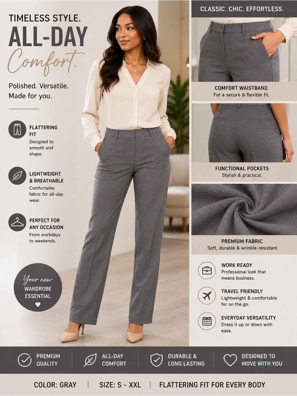 DKNY Gray Tailored Women's Trousers — Straight Leg Work Pants